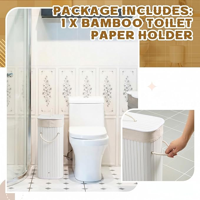 Leinuosen Bamboo Toilet Paper Storage Basket 8 Gallons/30 L Toilet Paper Organizer Holder with Lid Waterproof for Kitchen Bathroom Home(White,Regular)