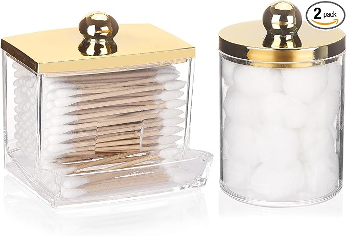 Tbestmax 2 Pack Qtips Dispenser - Bathroom Organizers and Storage Containers, Plastic Apothecary Jars with Gold Lids for Cotton Ball Swab Round Pads, Floss