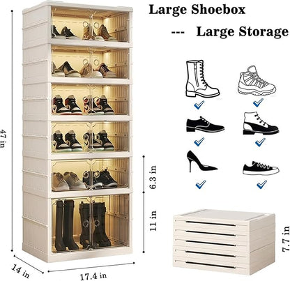 Folding Shoe Storage Cabinet with Clear Magnetic Doors, 6-Tier No-Assembly Shoe Rack Organizer, Stackable Large Capacity Shoe Box for Entryway, Closet, Fits Boots & Sneakers