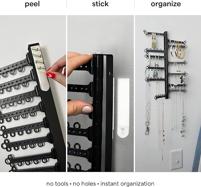 AllHungUp 12-Tier Wall Jewelry Organizer Wall Mounted Jewelry Organizer Necklace Holder Wall Mount Hanging Necklace Organizer Jewelry Hanger Wall Mounted Earring Holder Display Earring Organizer Black
