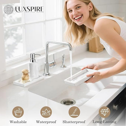 Luxspire Bathroom Vanity Tray - 2 Pack (7.9" x 4") Silicone Soap Dish for Kitchen Countertop, Bathroom Counter Tray for Soap Dispenser Perfume Jewelry Accessories, Marble White
