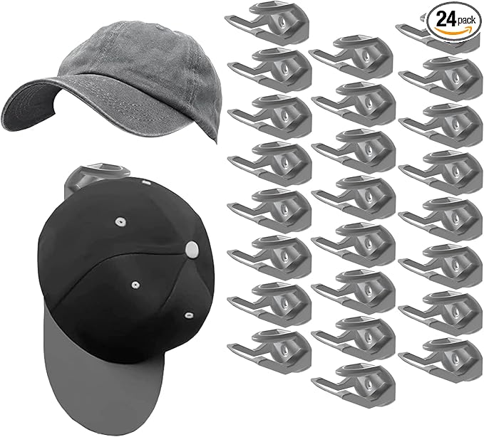 24 Pack Baseball Hat Holder for Wall，Adhesive Hat Rack for Baseball Caps, Hat Hangers for Wall， No Drilling ，Adhesive Hat Display Hooks,Hat Organizer Men Boys Bedroom (Grey)