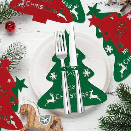 12 Pcs Christmas Tree Flatware Holder Xmas Tree Shaped Cutlery Holder Bags Knife Folk Holder Pockets Felt Silverware Tableware Cover Table Decoration for Christmas New Year Party Dinner Table Décor