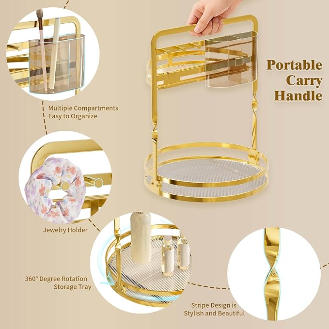 360 Rotating Makeup Organizer for Vanity, Gold Perfume Organizer, 2-Tier Lazy Susan for Bathroom Counter Organizer, Large Spinning Skincare Dresser Storage with Brush Holder & Jewelry Hooks