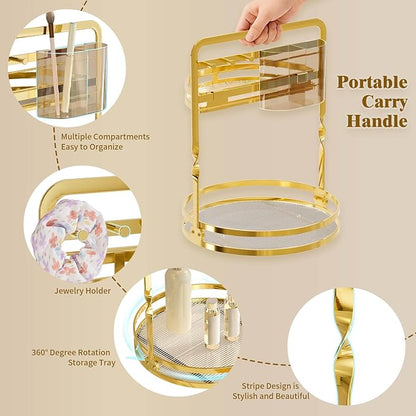 360 Rotating Makeup Organizer for Vanity, Gold Perfume Organizer, 2-Tier Lazy Susan for Bathroom Counter Organizer, Large Spinning Skincare Dresser Storage with Brush Holder & Jewelry Hooks
