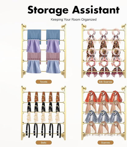 Wall Mounted Scarf Rack, 5-Tier Metal Scarves Towels Rack Wall Display Silk Ribbon Storage Organizer Gold Hijab Hanger for Flower Shop Retail Store (Gold)