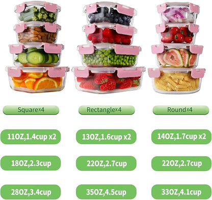 HOMBERKING 24pc Glass Food Storage Containers with Lids, Airtight Glass Bento Boxes, BPA Free & Leak Proof, Pantry Kitchen Storage (12 Lids & 12 Containers) - Pink