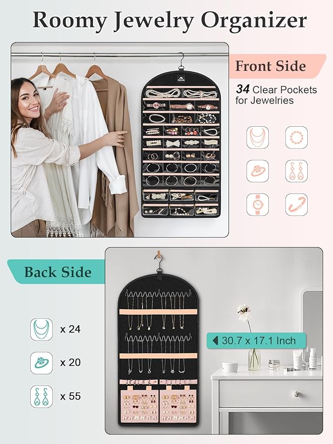 MATEIN Hanging Jewelry Organizer with Removable Zipper Jewelry Pouches, Tangle-Free Necklace Hanger for Closet with Metal Hook, Over the Door Earring Storage Bracelet Ring Holder
