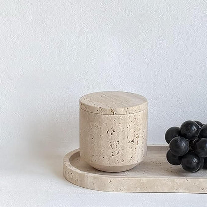 Natural Marble Hole Stone Cosmetic Cotton Swab Sundry Small Tank Storage Box Jar with Lid (Yellow Travertine)