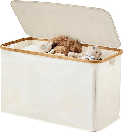 Storage Basket with Lid and Handles, 135L Fabric Bin with Divider for Shelf, Closet, Toy Organization, Collapsible Storage Organizer for Home, White