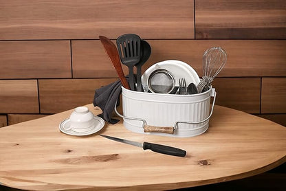 Alpha Living Home Rustic Heavy Duty Alloy Multi-Compartment Silverware Caddy - Metal Utensil Versatile All-in-One Organizer for Kitchen, Bathroom & Office Utensils, Flatware, and Accessories (White)