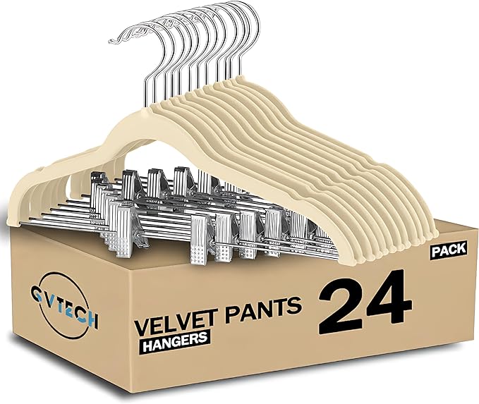 GVTECH Velvet Hangers with Clips, [24 Pack] Metal Clip Hangers for Pants - Notched Skirt Hangers for Pants, Skirts, Suit, Dresses & Shirts 360° Swivel Hook, Non Slip Felt Hanger (Ivory, 24 Pack)