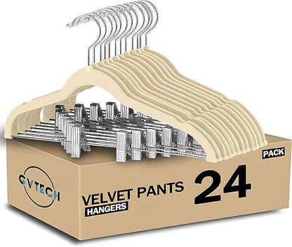 GVTECH Velvet Hangers with Clips, [24 Pack] Metal Clip Hangers for Pants - Notched Skirt Hangers for Pants, Skirts, Suit, Dresses & Shirts 360° Swivel Hook, Non Slip Felt Hanger (Ivory, 24 Pack)