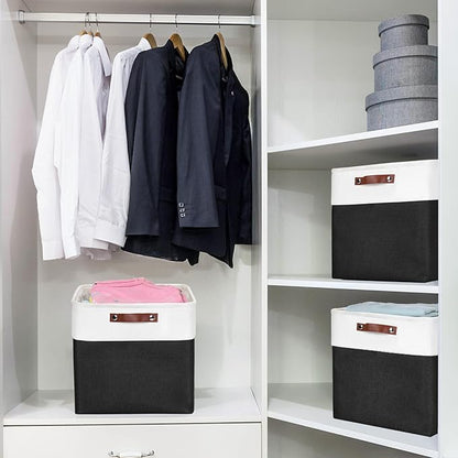 Bagnizer 13x13 Cube Storage Bins, Collapsible Fabric Storage Box, 4 Pack Closet Baskets with Handles for Organizing, Shelf, Toys, Clothes, Home, Office, Nursery (Black&White)