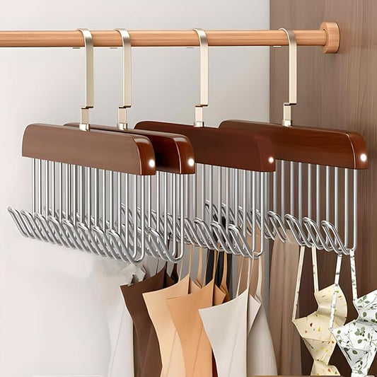 4 Pack Belt Hanger for Closet, Wooden Tie Rack Hangers for Men with 8 Hooks, Space Saving Belt Organizer, Closet Storage for Ties, Belts, Bras, Scarves, Tank Tops