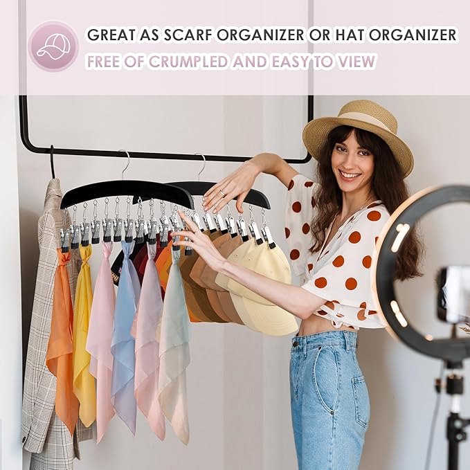 MEILIDY Leggings Hangers, Wooden Closet Hanging Leggings Storage Organizer Scarf Hangers with 24 Clips, 360° Swivel Hook, Black, 2 Pcs