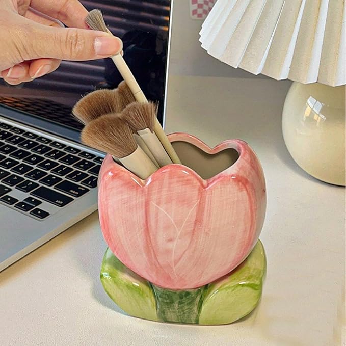 Ceramic Tulip Cosmetic Storage Box, Desktop Organizers Make Up Brush Storage Stand Desktop Storage Box for Brush,Pencil,Art Supplies, Painting Brush (Pink+Purple+Red+Yellow)
