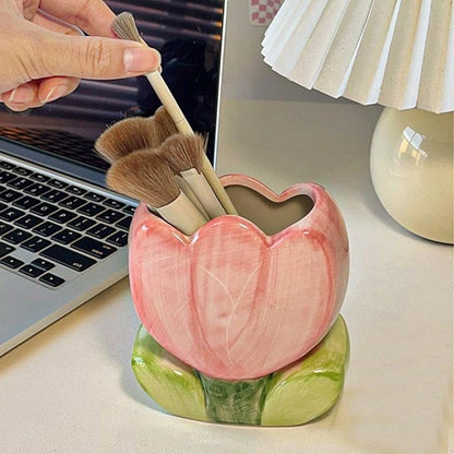 Ceramic Tulip Cosmetic Storage Box, Desktop Organizers Make Up Brush Storage Stand Desktop Storage Box for Brush,Pencil,Art Supplies, Painting Brush (Pink+Purple+Red+Yellow)