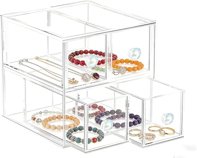 Clear Acrylic Makeup Organizer with 4 Drawer Trays, Cosmetic Storage for Bedroom, Bathroom, Countertop, Dresser (Medium, 4)
