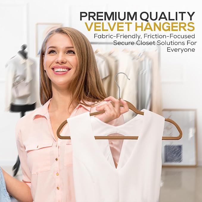 Techzoo 50 Pack New Premium Quality Velvet Hangers Ultra Thin Non Slip Adult Felt Space Saving Hangers for Closet Heavy Duty Coat Pants Jackets Dress Hangers 360° Swivel Hook Hold Upto 10 lbs Bronze