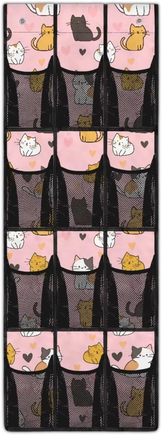 Cute Cat Behind The Door Organizer 12 Pockets Shoe Holder Hanger for Living Room Space Saving Over The Door Shoe Organizer Bathroom Pink Wall Hanging Storage for Closet