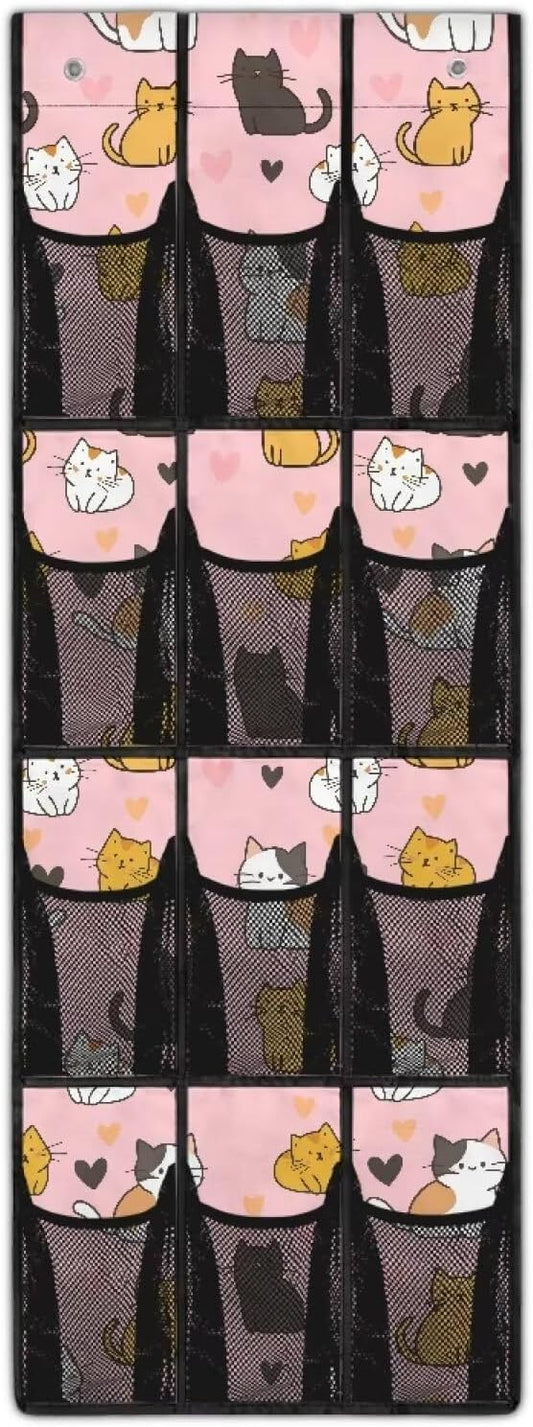 Cute Cat Behind The Door Organizer 12 Pockets Shoe Holder Hanger for Living Room Space Saving Over The Door Shoe Organizer Bathroom Pink Wall Hanging Storage for Closet