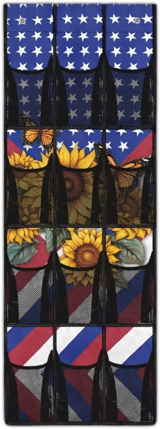 Over The Door Shoe Organizer 12 Large Mesh Pockets Boots Hanging Storage Shoe Rack for Closet Easy to Install Machine Washable,Sunflower American Flag
