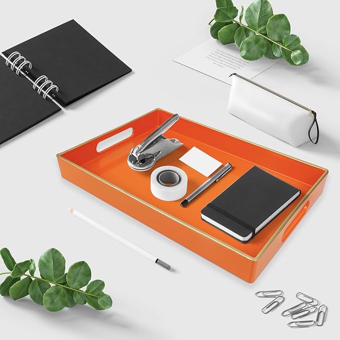 Spsyrine Orange Bathroom Vanity Tray with Handles for Dresser Tops, Countertop, Perfume Decorative Tray, 11.8” * 7.87” *1.37”