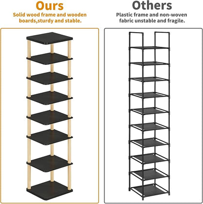 LUCKNOCK Vertical Shoe Rack, 8-Tier Tall Narrow Shoe Organizer for Entryway, Closet, Dorm & Small Spaces, Freestanding Wooden Shoe Shelf Tower for Boots, Sneakers, Heels. (Black)
