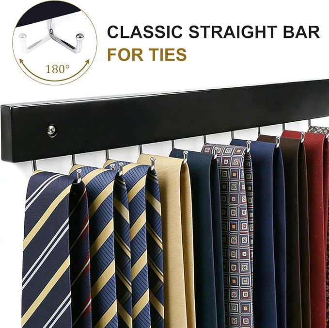 Wall Mounted Tie & Belt Rack Organizer - 2 Pack, 28 Hooks Hold 40 Ties & 40 Belts, 180° Rotating Space Saving Design, Sturdy Wood Decorative Wall Storage (Black)
