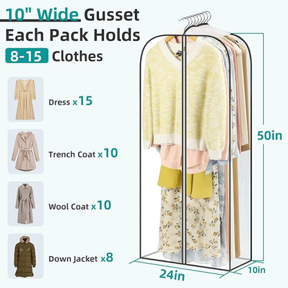 LANDNEOO 6 Pack Clear Garment Bags for Hanging Clothes with Zippers on Double Sides - 10'' Clothes Storage for Coat, Dress, and Fur in Closet - 50'' Long Suit Bags