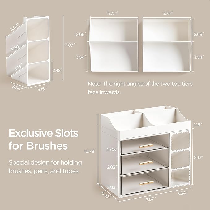 HBlife Makeup Organizer Countertop with Brush Holder, Large Bathroom Counter Organizer with Drawers, Skincare Organizers for Vanity, Plastic Dresser Organizer Storage Gift for Women Girl Mom, White