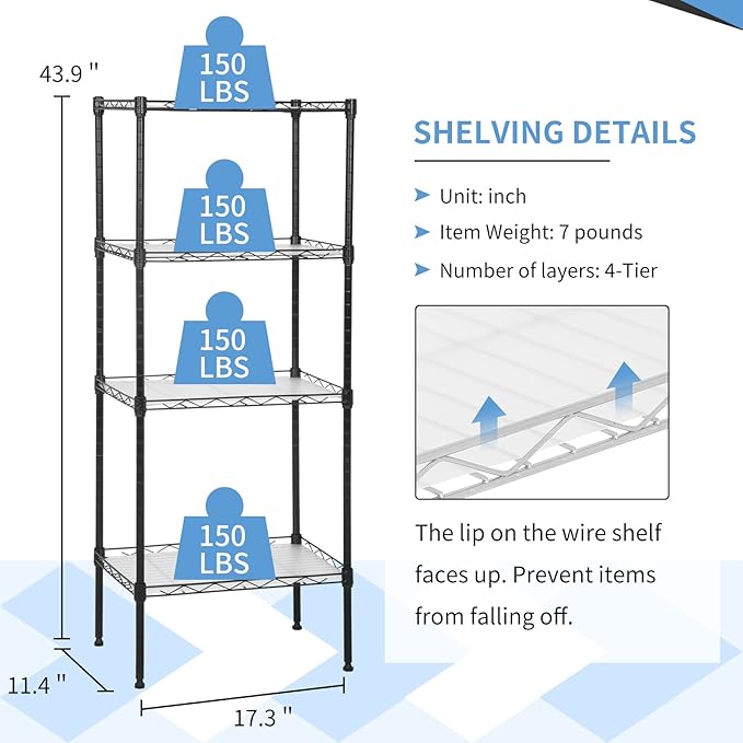 4-Tier Wire Shelving Unit 44" H x 18L x 12D Metal Shelves for Storage with Shelf Liners Adjustable Small Storage Rack Shelf Organizer for Closet Pantry Kitchen, 600Lb Capacity, Black