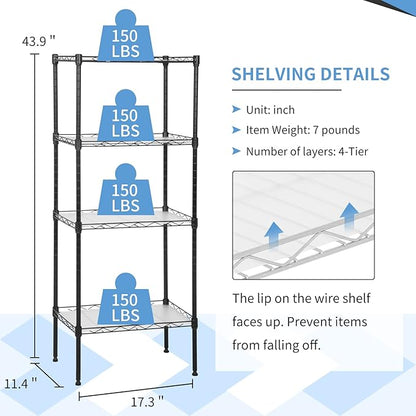4-Tier Wire Shelving Unit 44" H x 18L x 12D Metal Shelves for Storage with Shelf Liners Adjustable Small Storage Rack Shelf Organizer for Closet Pantry Kitchen, 600Lb Capacity, Black