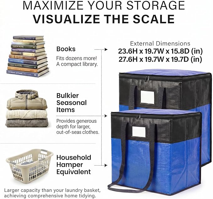 4Pack (110L*2+180L*2) Extra Large Moving Bags Heavy Duty with Wide Comfortable Handles & Strong Zipper, Durable Storage Bags Totes, Reusable Moving Boxes for College Dorm Bedding Space Saving,Blue