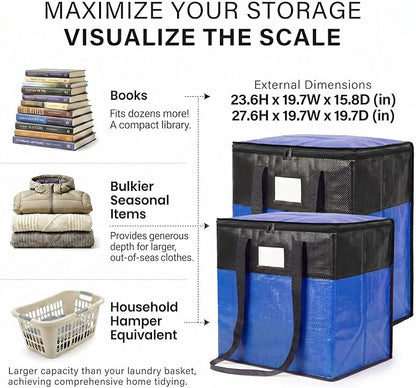 4Pack (110L*2+180L*2) Extra Large Moving Bags Heavy Duty with Wide Comfortable Handles & Strong Zipper, Durable Storage Bags Totes, Reusable Moving Boxes for College Dorm Bedding Space Saving,Blue