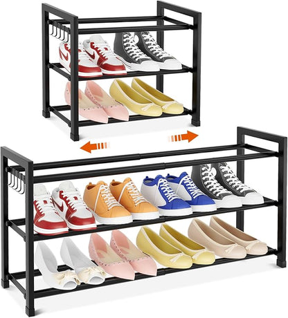 Expandable Shoe Rack for Small Spaces, Adjustable Width 18.5"–33", 3-Tier Sturdy Metal Shoe Organizer for Entryway, Closet, Bedroom Garage Dorm, Free Standing Shoe Organizer 12 Pairs with Hooks, Black