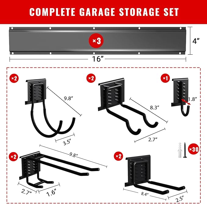 Garage Tool Organizer Wall Mount, Easy to 48inch Install Heavy-Duty Garage Storage System with Adjustable 9 Hooks, Garden Tool Rack for Shovels, Rakes, Yard Tools