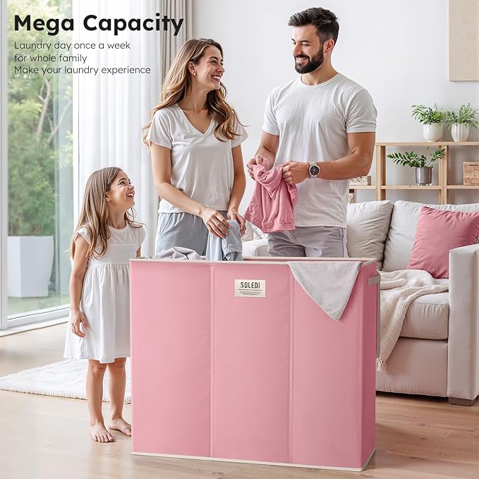 SOLEDI 180L 3-Section Laundry Hamper with Lid, Extra Large Dirty Clothes Basket with Sturdy Handles for Laundry Room & Bedroom - Durable Organizer for Sorting Laundry