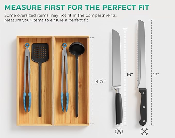 Bamboo Kitchen Drawer Organizer Set of 2, Stackable 15" x 6" Wood Silverware Utensil Tray for Drawers Bins, Cutlery & Flatware Storage – Wooden Boxes Organizers for Junk Drawer, Bathroom, RV