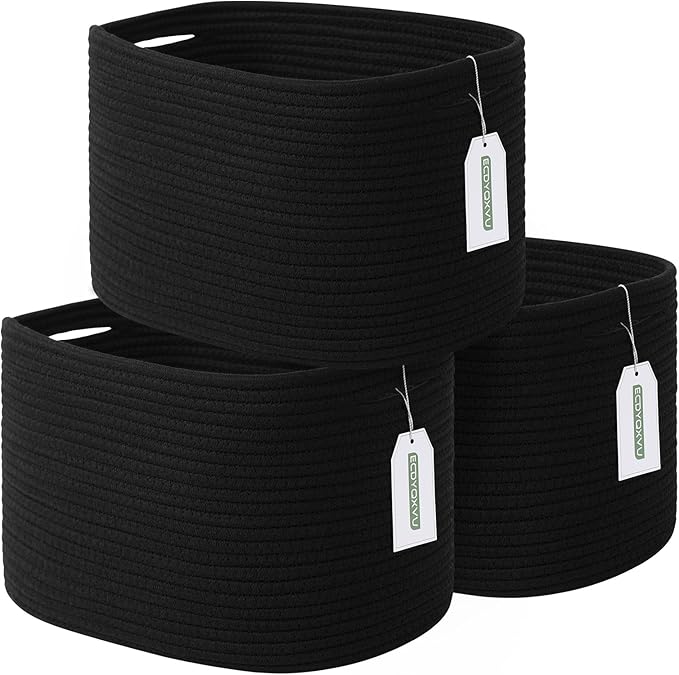 ECDYQXVU Cotton Rope Storage Basket, 15x10x9 Inches, Woven Basket for Shelves, Clothes, Towels, Books, and Laundry, Black (3 Pack)