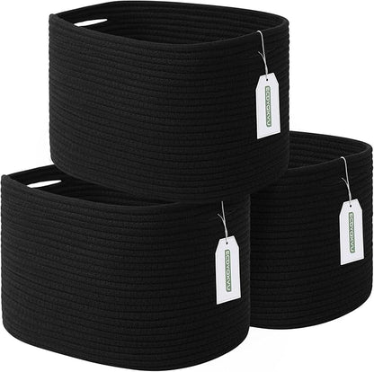 ECDYQXVU Cotton Rope Storage Basket, 15x10x9 Inches, Woven Basket for Shelves, Clothes, Towels, Books, and Laundry, Black (3 Pack)