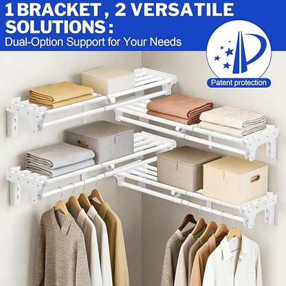 Closet Shelf with Hanging Rod, 52-95'' Expandable Wall Mounted & Side Wall Mounted Steel Clothes Rack with Top Shelf, Holds 220 lb Heavy Duty Closet Rod DIY Divider Separtor for Cabinet Wardrobe