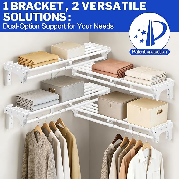 Closet Shelf with Hanging Rod, 28-48'' Expandable Wall Mounted & Side Wall Mounted Steel Clothes Rack with Top Shelf, Holds 220 lb Heavy Duty Closet Rod DIY Divider Separtor for Cabinet Wardrobe