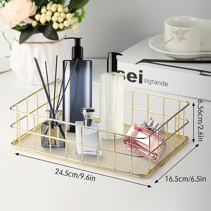 2Pcs Wire Mesh Baskets, 9.6 x 6.5in Golden Desktop Metal Storage Basket Iron Grid Storage Tray Net Basket Storage Bins