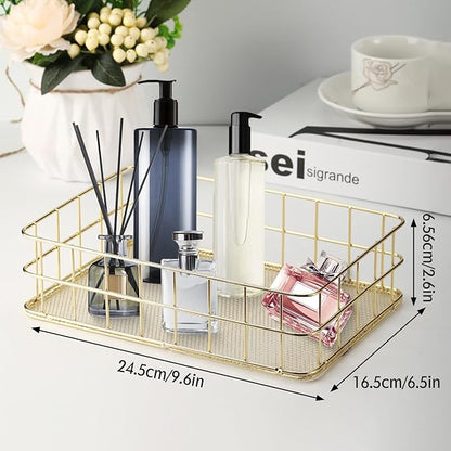 2Pcs Wire Mesh Baskets, 9.6 x 6.5in Golden Desktop Metal Storage Basket Iron Grid Storage Tray Net Basket Storage Bins
