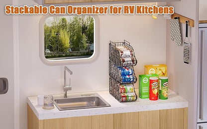 8-Pack Can Organizer for Pantry, Stackable Cabinet Food Shelves for Fridge, Wire Cupboard Storage, Holds up to 72 Beers,Small Metal Bin for Drink Beverage Egg Gillas, Rack for Kitchen Countertops RV