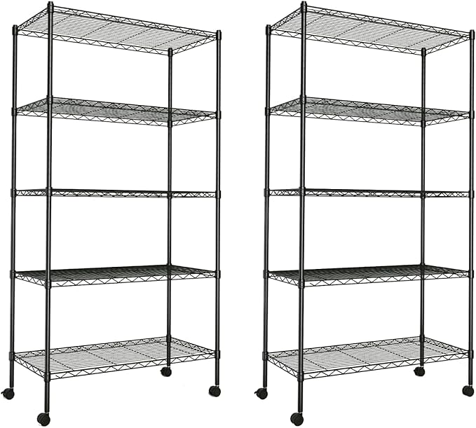 YSSOA Heavy Duty 5-Shelf Storage Shelving Unit, 1250lbs Loading Capacity, 29.92" D x 13.98" W x 62.99" H Adjustable Steel Organizer Wire Rack, Black, 2 Pack