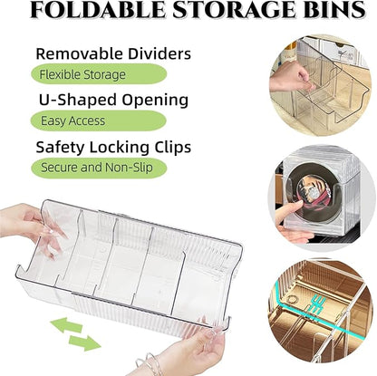 Foldable Storage Bins, Clear Expandable Boxes for Organizing, Adjustable from 9.65-16.93" Drawer Organizers Separators Dividers for Bedroom Kitchen Utensils Tools Closet