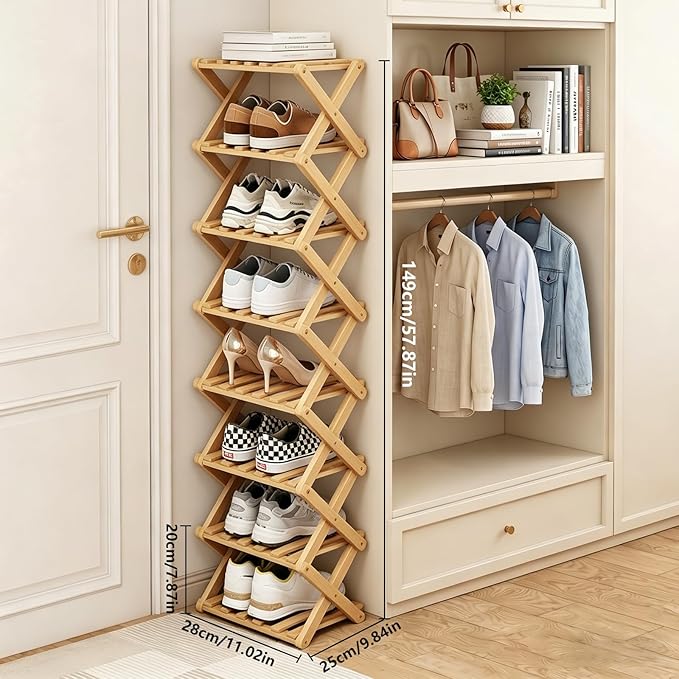 Narrow Shoe Rack, Foldable Bamboo Shoes Shelf for Small Spaces, Multifunctional Vertical Shoe Organizer Tall for Entryway, Closet, Corner, Bedroom, Hallway (Wood Color, 8 Layers)